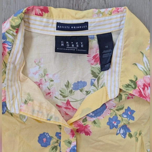Crazy Horse-Liz Claiborne 100% Cotton Yellow Floral Spring Women's Shirt Size 16 - Picture 8 of 11